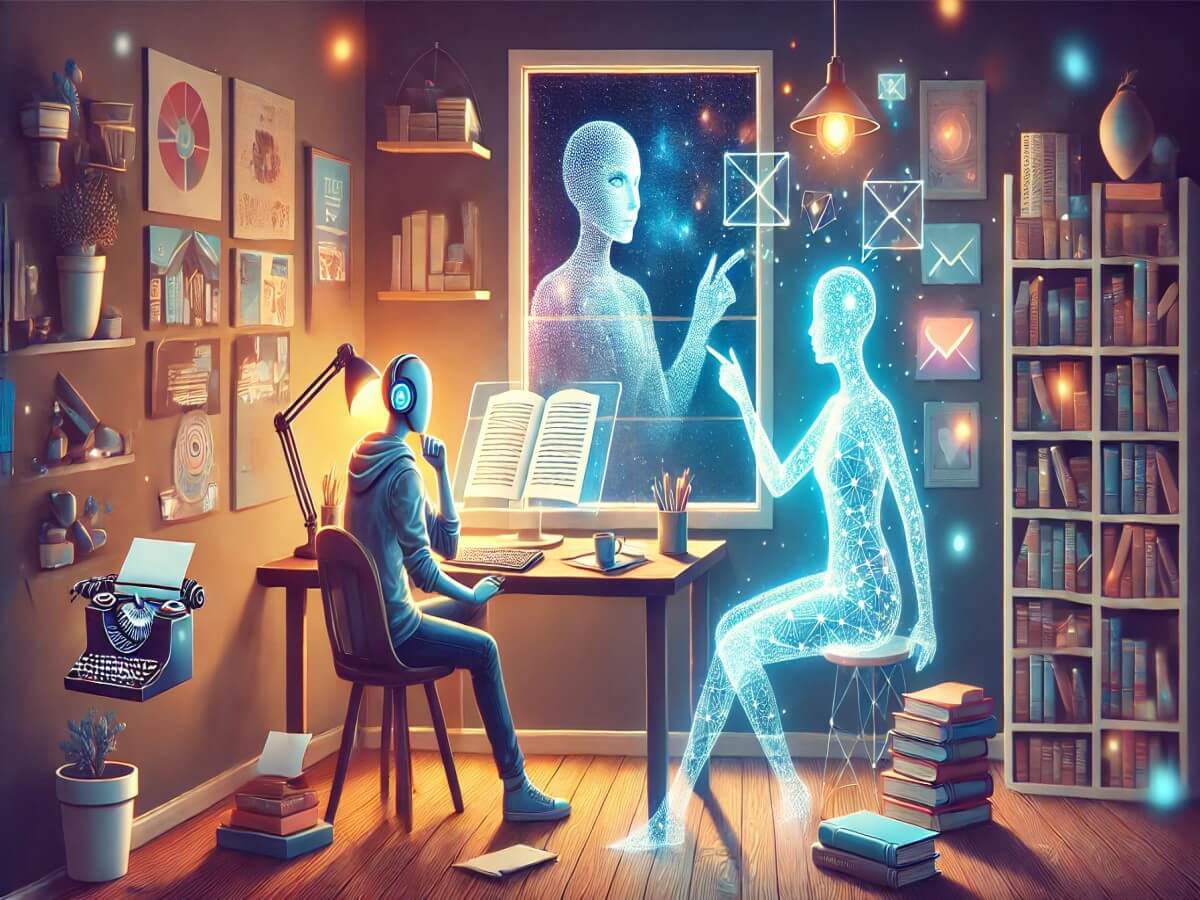 An imaginative illustration depicting a writer working at a desk alongside an AI-inspired holographic assistant. The writer is surrounded by books, papers, and a glowing computer screen, while the AI assistant appears as a semi-transparent figure made of light and geometric patterns, gesturing toward a floating outline of a story. The room is softly lit, with a warm, cozy atmosphere emphasizing creativity. In the background, a window reveals a starry night sky, symbolizing endless possibilities.