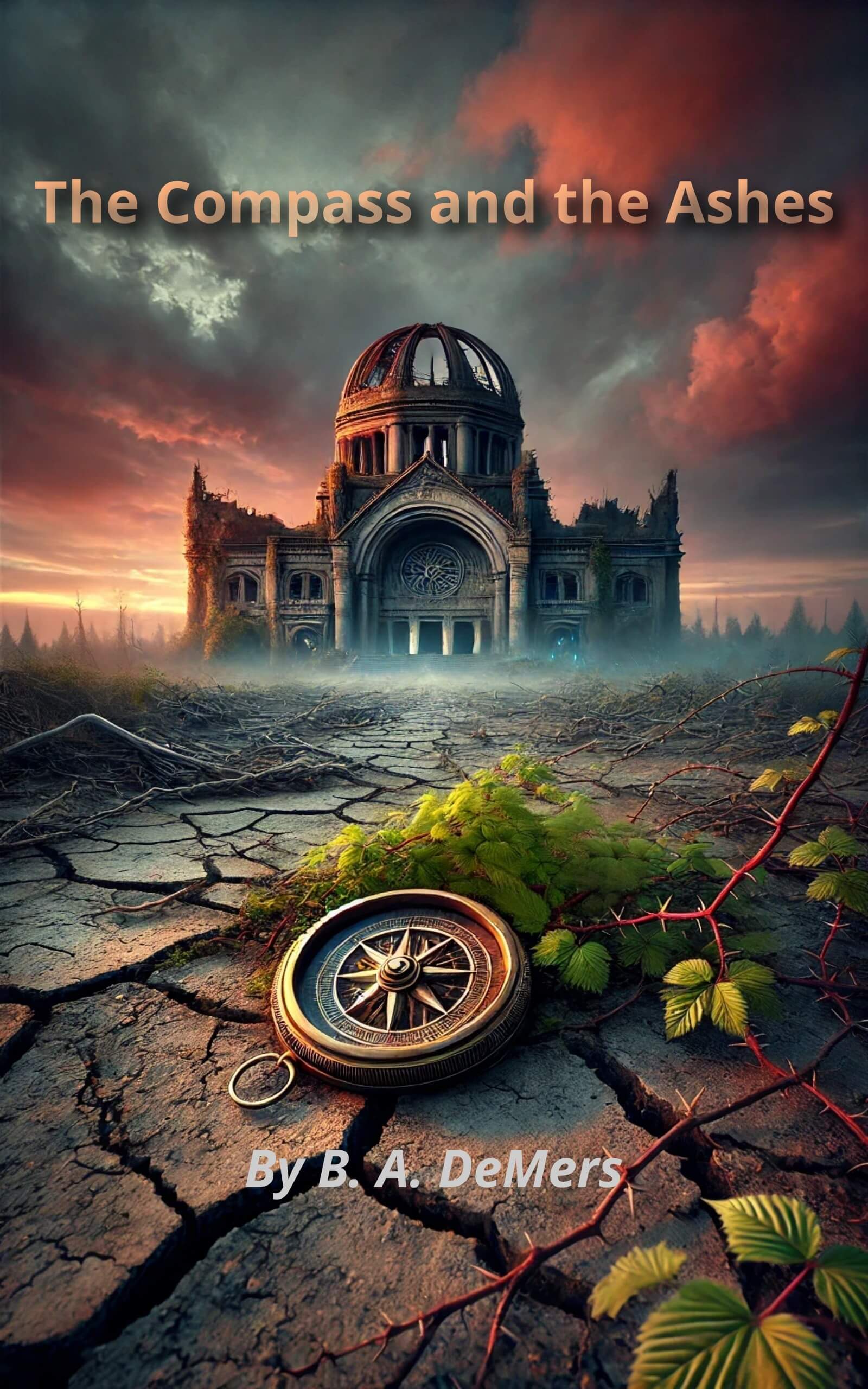 Book cover for The Compass and the Ashes depicts a dystopian world in a post apocalyptic setting. There is the remains of The National Historical Archives, a compass, and blackberry thickets.